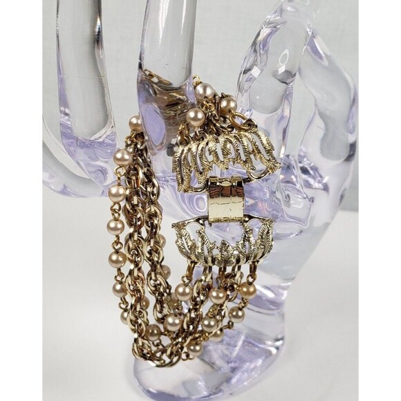 Vintage 1990's Signed Star 5 Strand Gray Pearl Beads Chains 6 1/2 Bracelet - Picture 2 of 15